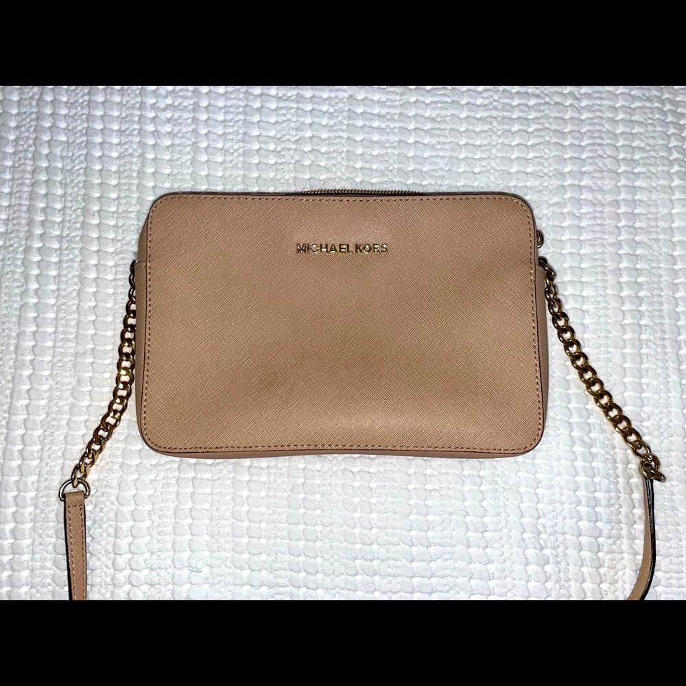 Michael Kors over the shoulder small tan bag with gold hardware